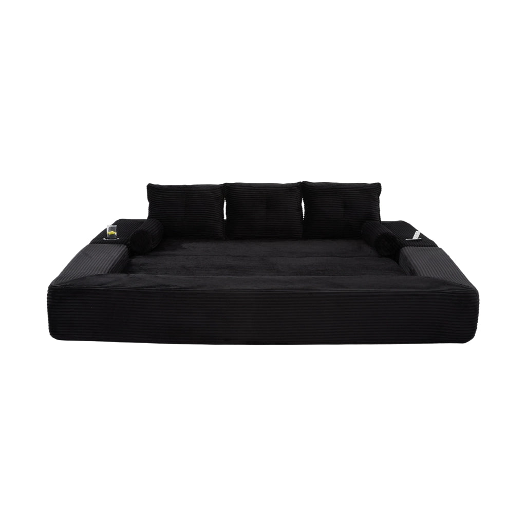 Divano letto multifunzionale in corduroy nero, 3 posti, con tasche laterali e portabicchieri, 232x98x80 cm