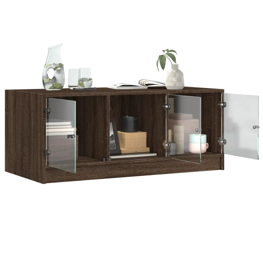 Tavolino Salotto con Ante in Vetro-Tavolino da soggiorno-Tavolo Rovere Marrone 102x50x42 cm