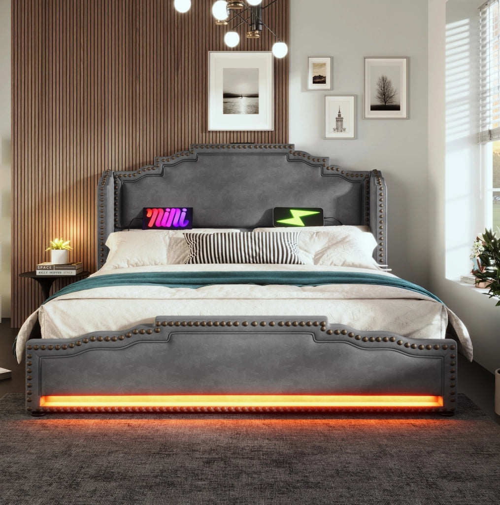 Letto matrimoniale 180x200 cm in velluto grigio con LED; USB e 4 cassetti