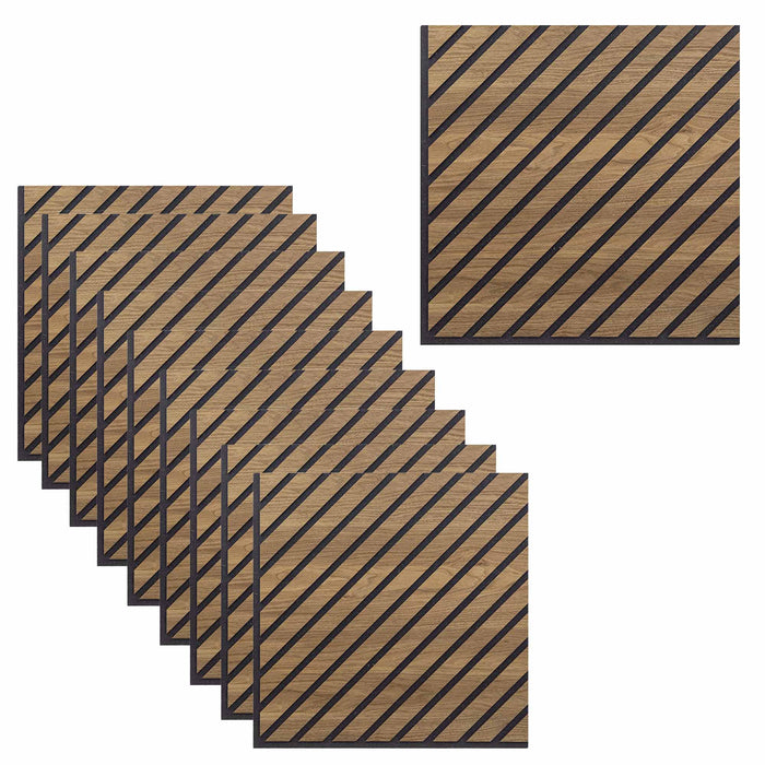 Set 10 Pannelli Decorativi Fonoassorbenti 58x58 cm in MDF Decoro C Obliquo Noce Asia