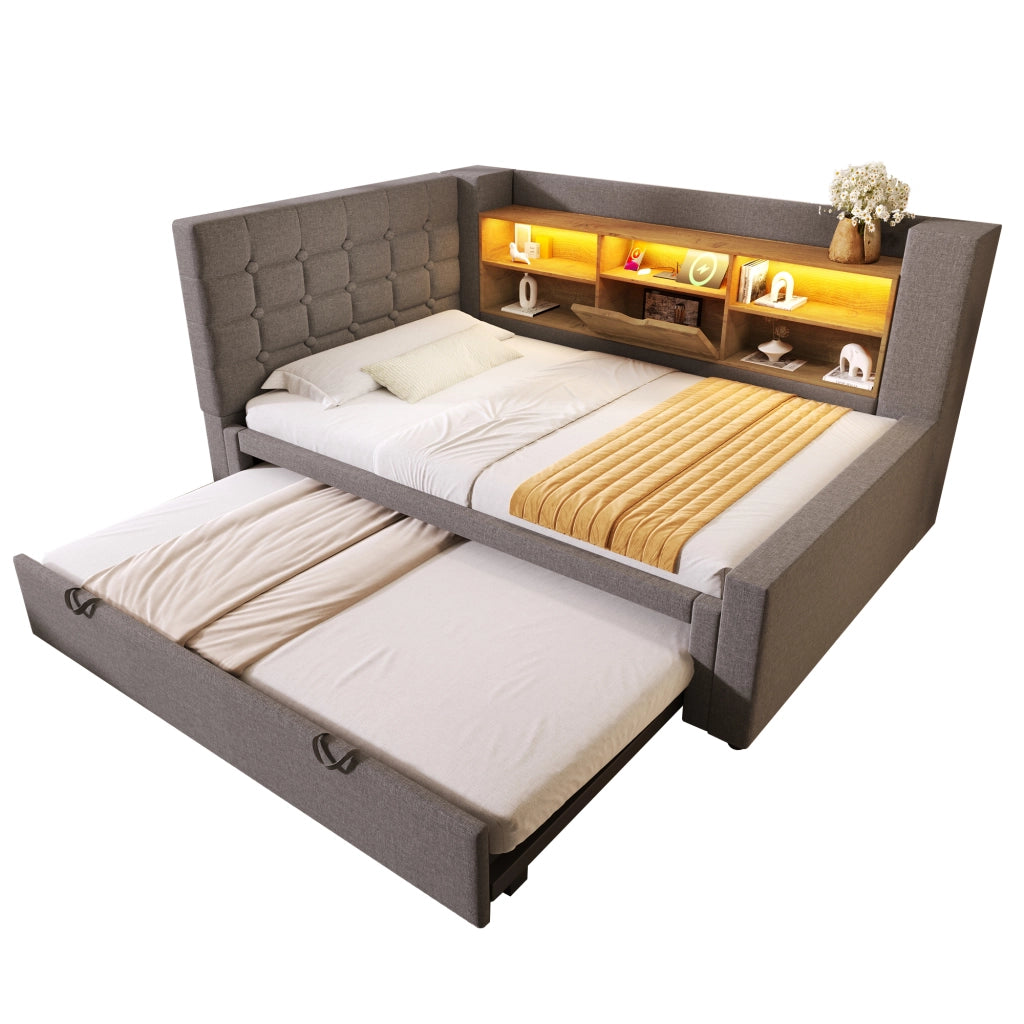 OKWISH Letto estraibile 90×200 cm, Letto Singolo con LED Regolabile, USB, Tipo C e Contenitori, senza Materasso, in Lino, Grigio