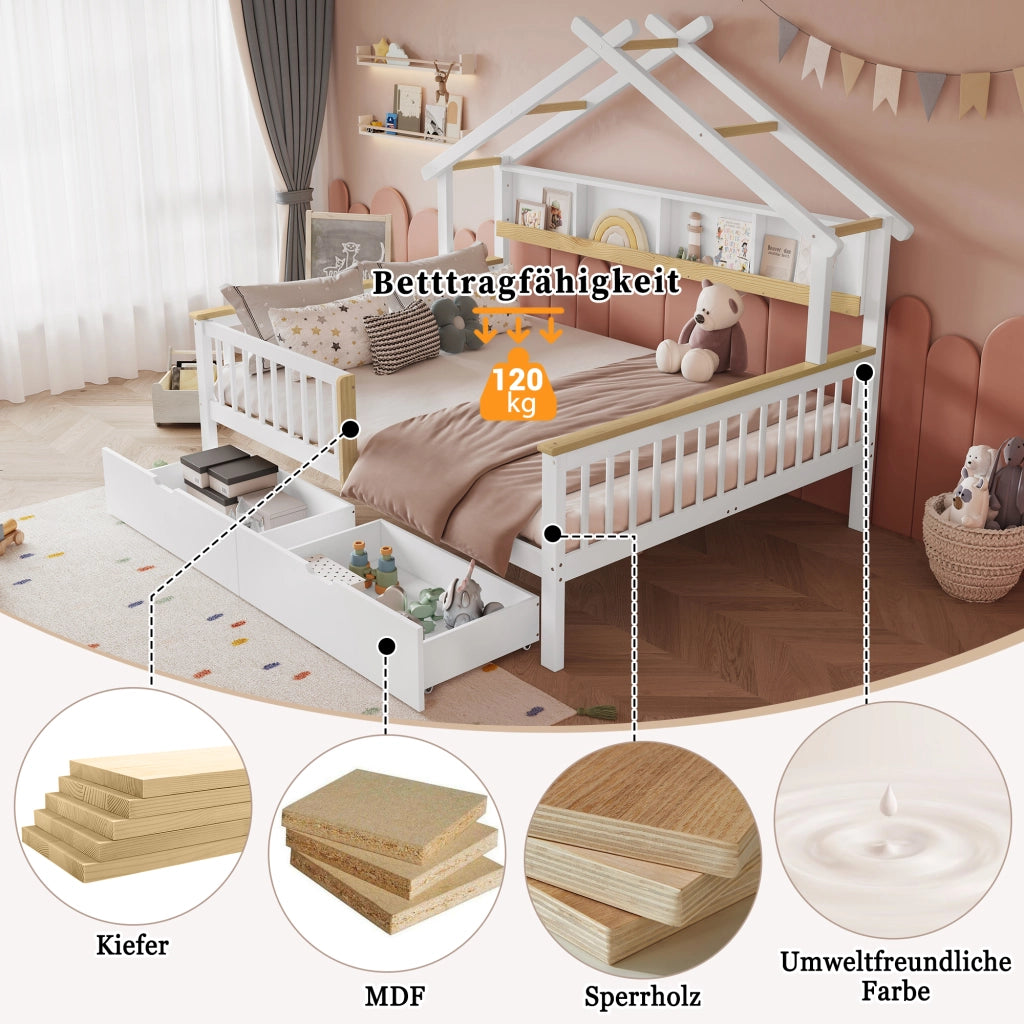 DESMIU Letto per bambini 140 × 200 cm con tetto, 2 cassetti, sponde di sicurezza, senza materasso, bianco e naturale