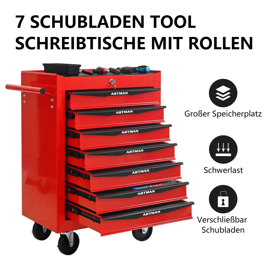 CARRELLO PORTAATTREZZI 7 cassetti 60x33x77,5 cm acciaio rosso/nero
