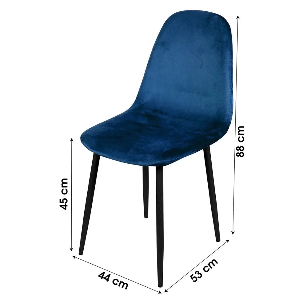Set di 4 sedie LOLY, seduta e schienale in velluto blu, struttura in metallo nero