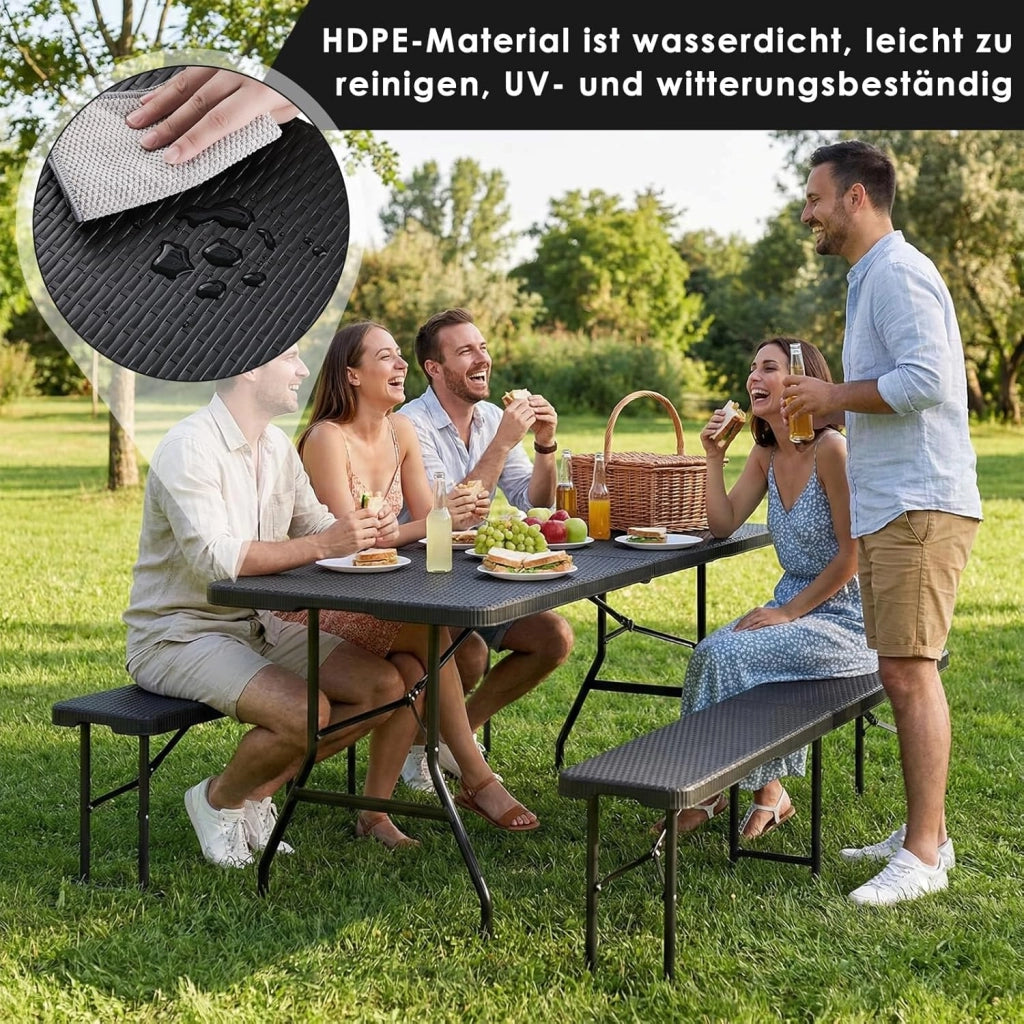 Set Tenda da Birra da 3 Pezzi 180cm in Plastica HDPE, Set di Mobili da Giardino 1 Tavolo e 2 pcs Panche Pieghevoli, Set Birreria con Manico di Trasporto, per Campeggio Picnic Esterno, Ottica in Rattan