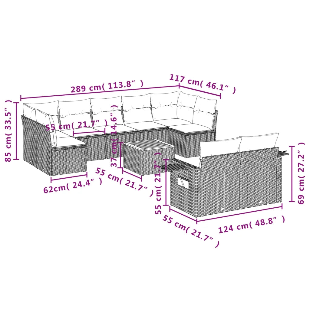 Set Divano da Giardino 10 pz con Cuscini Beige in Polyrattan