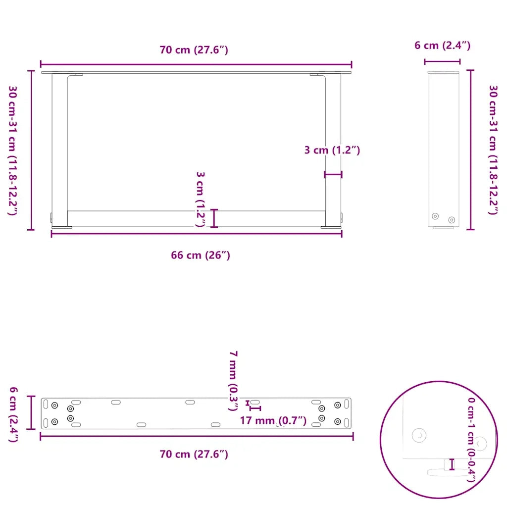 Gambe per Tavolino da Caffè a Forma di U 2 pz Bianche 70x(30-31) cm Acciaio 4013145