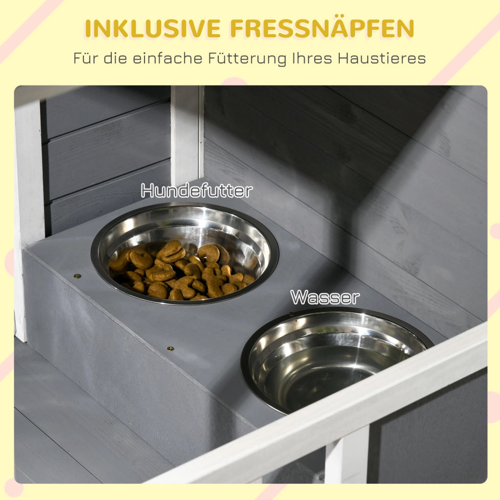 Cuccia per Cani in Legno Massello con Veranda e Ciotole ¨C zephmum ¨C 103x62x66 cm Grigio e Bianco