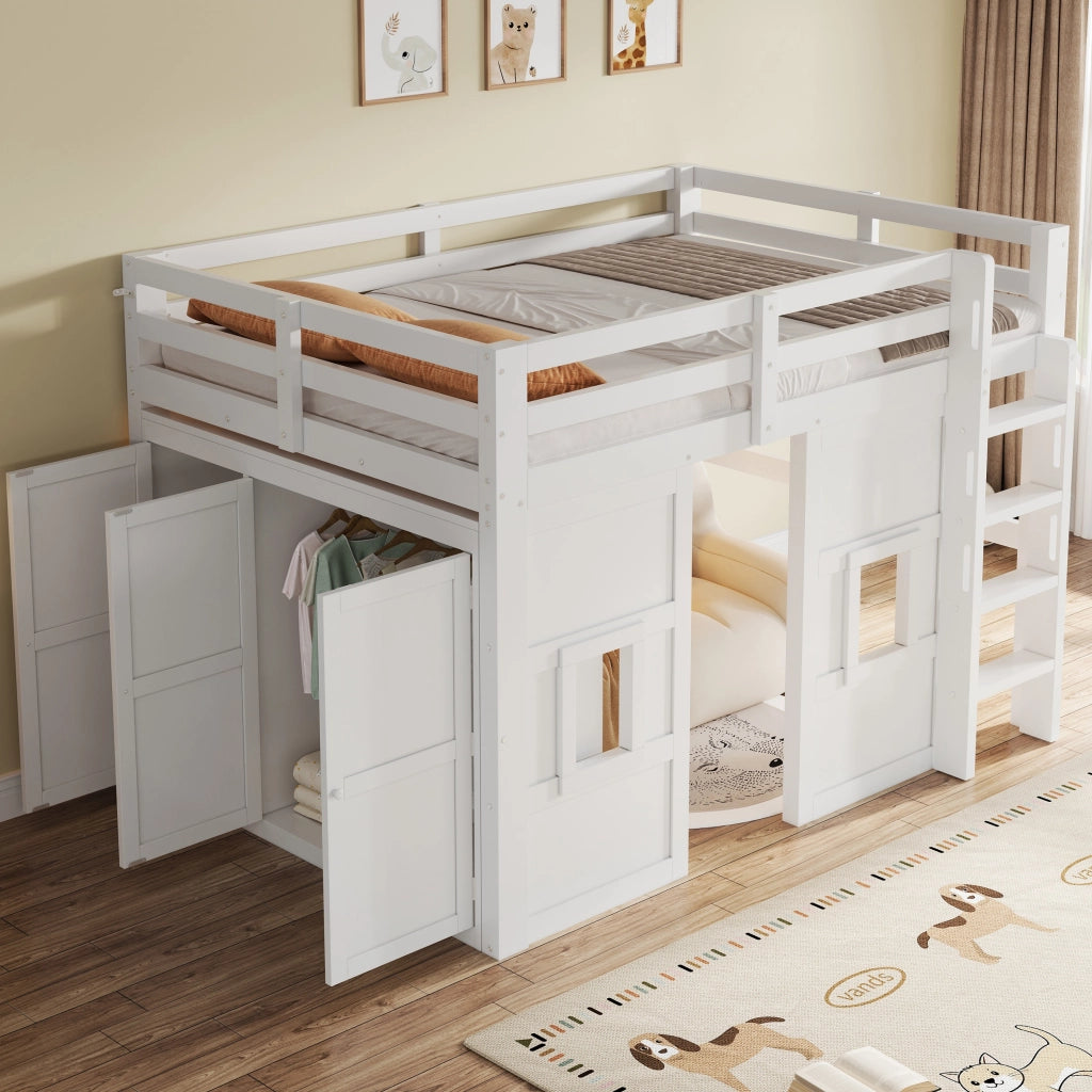 Letto a Soppalco con Armadio Integrato e LED ¨C MINIMAL ¨C Legno Bianco 140x200