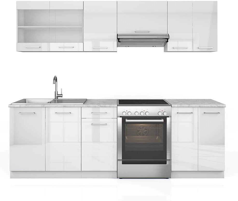 Cucina componibile Raul, Bianco lucido/bianco, 240 cm, PL Marmo, combinabile in modo flessibile con elementi modulari