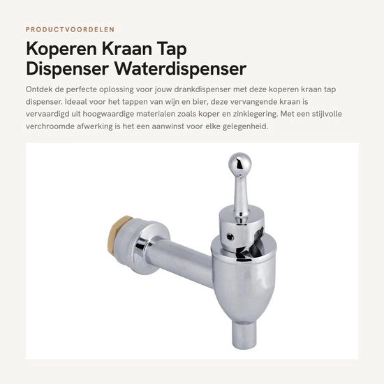 Dispensatore d'acqua con valvola sostituibile - Cromato/Rame - Duraturo - Resistente alla corrosione - Resistente allo sfregio - Incluso con guarnizioni in gomma