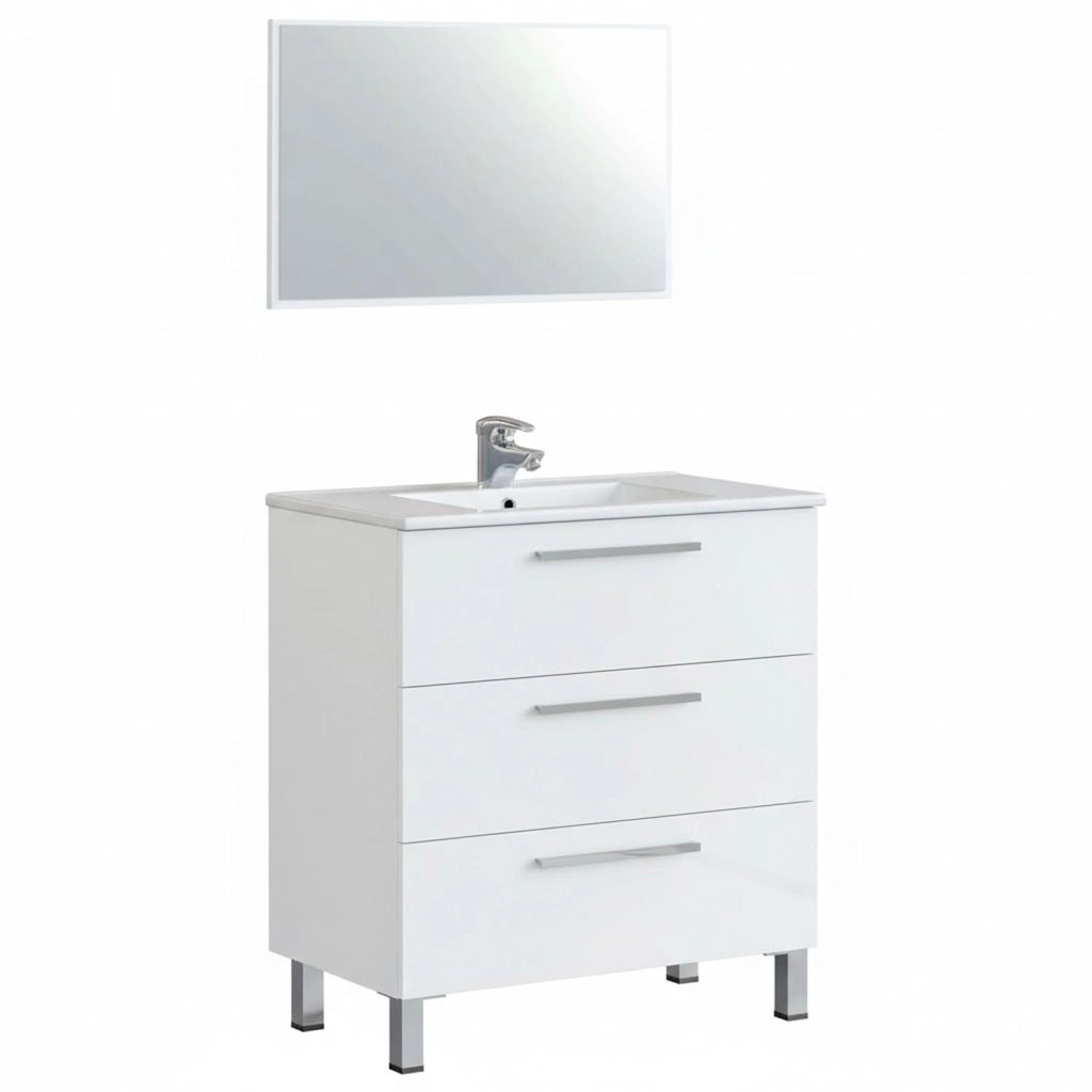 Mobile Bagno A Terra Con 3 Cassetti Lavabo In Ceramica E Specchio 77 X 50 Cm Inclusi Design Moderno Salvaspazio Elegante E Funzionale 80 X 45 X 86 Cm Colore Bianco