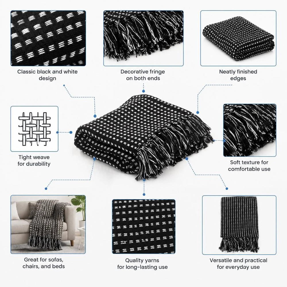 Cotton Throw, Checkered Pattern, 220x250 Cm, Black