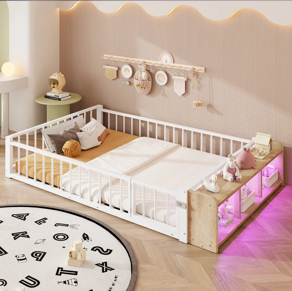 Letto 140x200 cm con sponde; vani portaoggetti e LED in MDF e metallo bianco