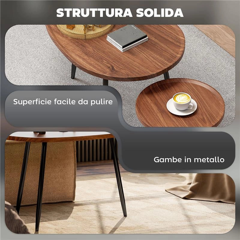 SET 2 TAVOLINI DA SALOTTO SOVRAPPONIBILI IN LEGNO E METALLO, COLORE LEGNO SCURO