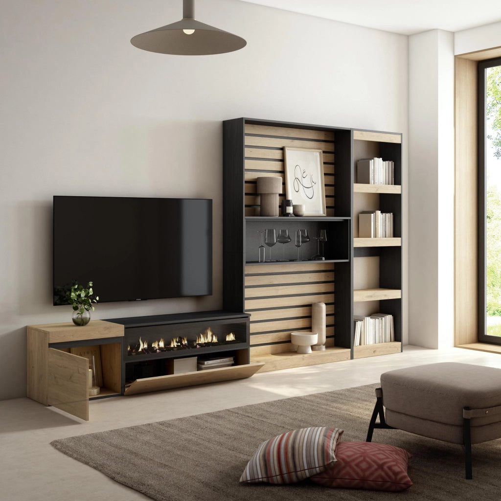Mobile TV, Soggiorno, 320x35x186cm, Camino elettrico, colore Rovere e nero RF2596