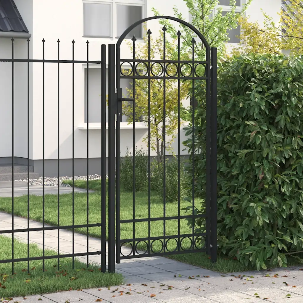 Cancello per recinzione Assen con parte superiore ad arco in acciaio 102x200 cm Nero 146339