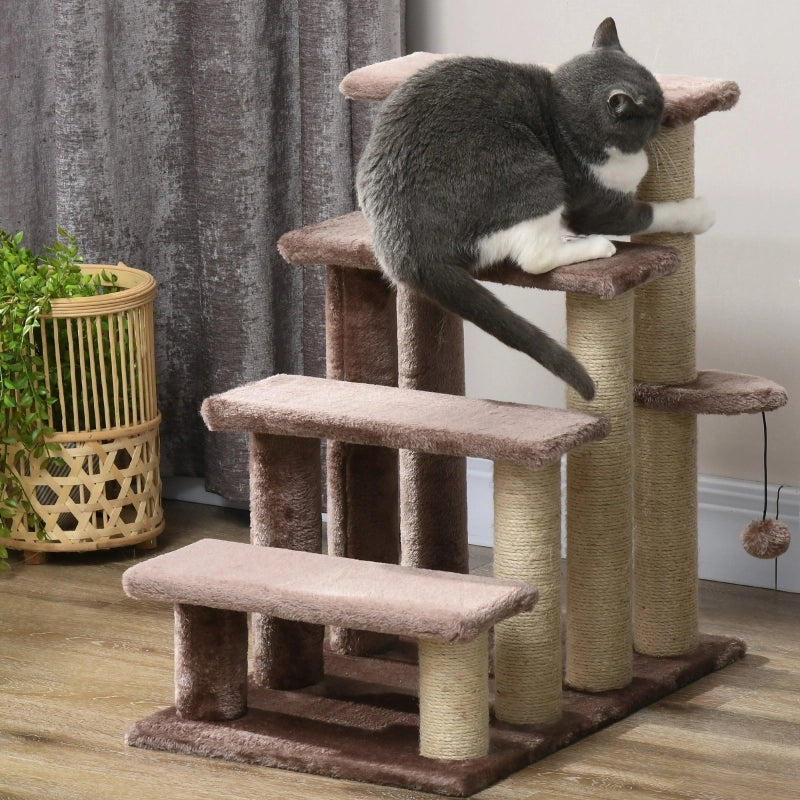 Tiragraffi con scala per gatti, 4 livelli, 60 x 40 x 64 cm, marrone, fino a 5 kg