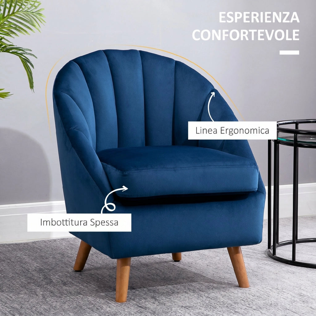 Poltrona da Salotto 67x65x77 cm con Imbottitura Spessa Gambe in Legno e Braccioli in Velluto Blu