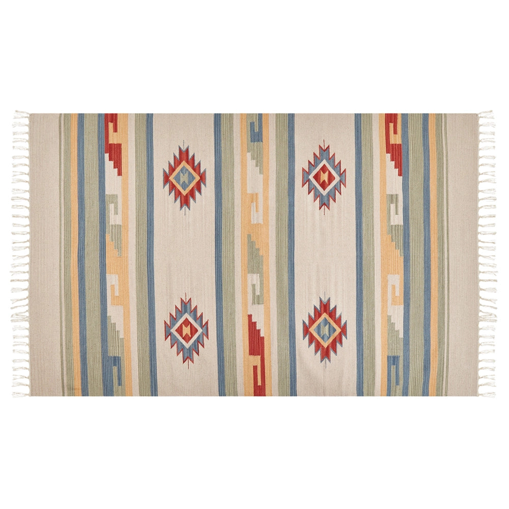 Tappeto Kilim Beige e Marrone Cotone 140 x 200 cm Tagliato a Navetta Tessuto a mano Pavimento Parete Tappeto Simboli geometrici Motivo reversibile Frange
