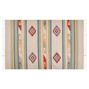 Tappeto Kilim Beige e Marrone Cotone 140 x 200 cm Tagliato a Navetta Tessuto a mano Pavimento Parete Tappeto Simboli geometrici Motivo reversibile Frange