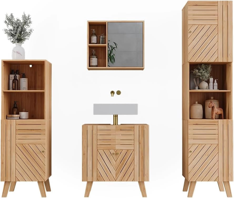 Set di mobili da bagno Lucie, Bambù, 60 cm, composto da mobile lavabo, pensile a specchio, colonna e base media