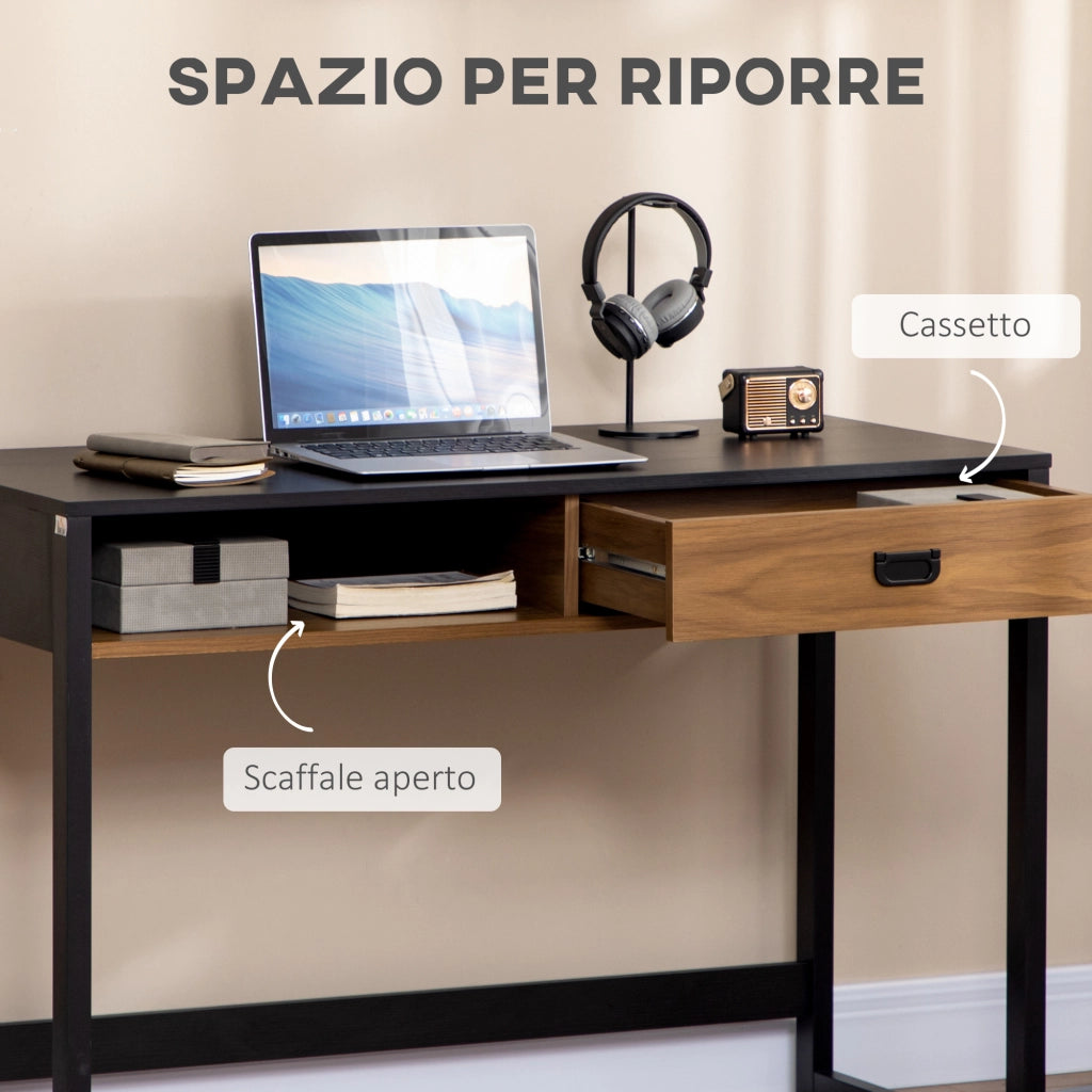 Easycomfort Scrivania per Camera e Ufficio con Cassetto Stile Industriale, 110x50x76cm, Noce e Nero