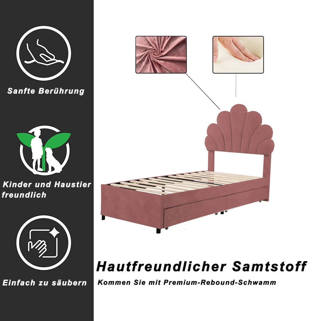 OKWISH Letto Bambini 90×200 cm, Letto Singolo con 2 Cassetti, Testiera Imbottita, 2 Vani e Velluto, senza Materasso, Rosa