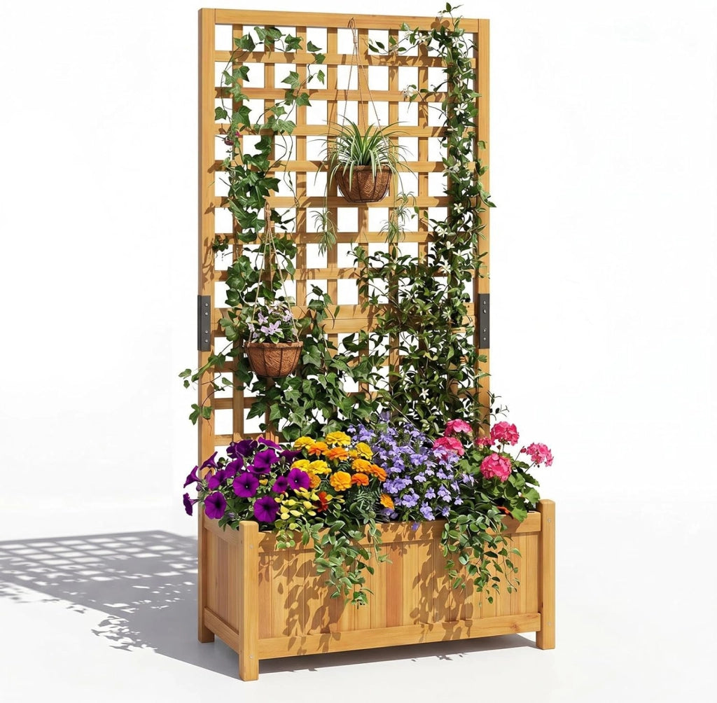 2 in 1 Fioriera con Traliccio, Letto Orto Rialzato in Legno con Grigliato per Piante Rampicanti, Pannello Rimovibile e Fori di Drenaggio, per Fiori e Verdure, 76 x 32 x 143 cm (Naturale)