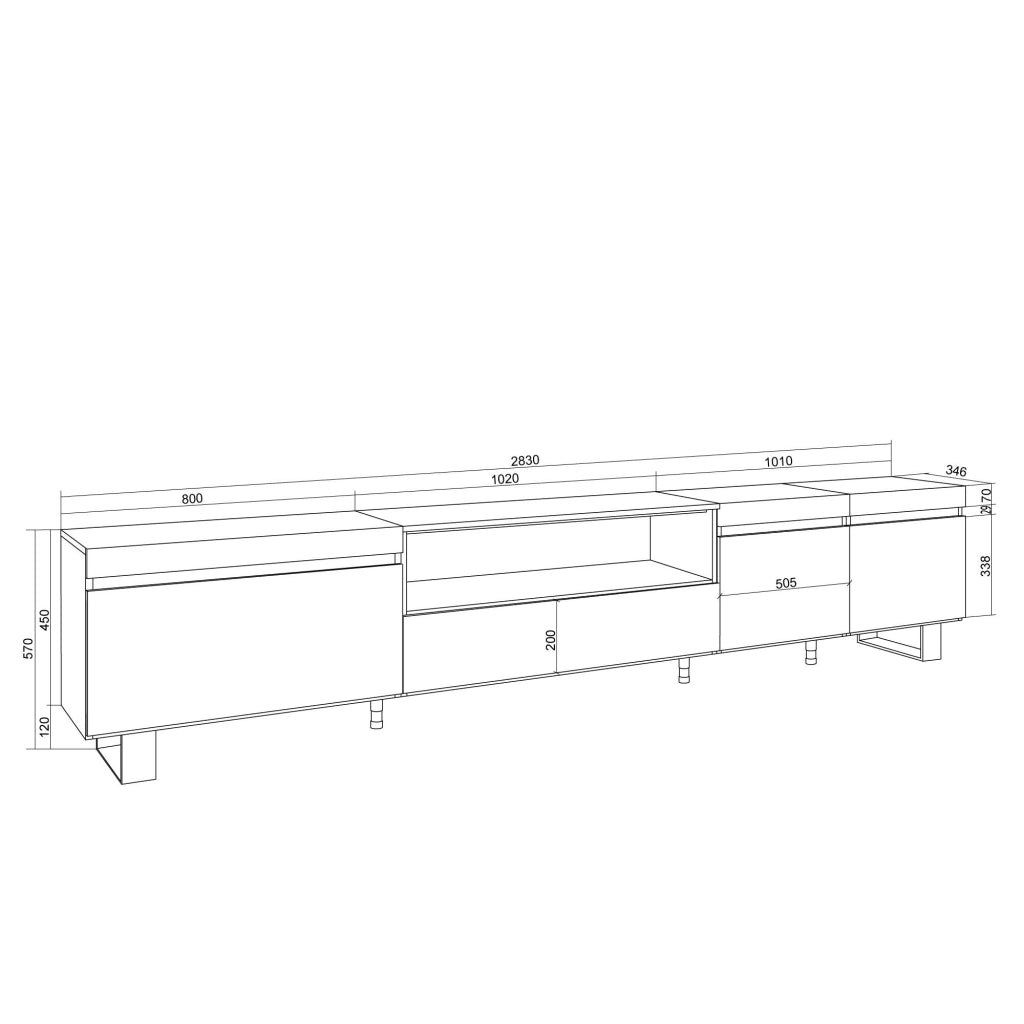 Mobile TV Soggiorno, 288x57x35 cm, TV di grande formato, Design industriale, Bianco e Rovere soft