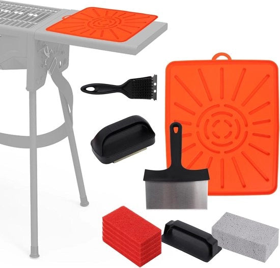 Set di Pulizia per Griglia a 11 pezzi - Accessori per Griglia a Piastra Piana - Kit di Pulizia per Griglia - Spatola di Silicone a Forma di Mat - Inclusa 1 Spazzola per Griglia, 1 Pietra di Griglia, 5 Strisce di Smerigliatura