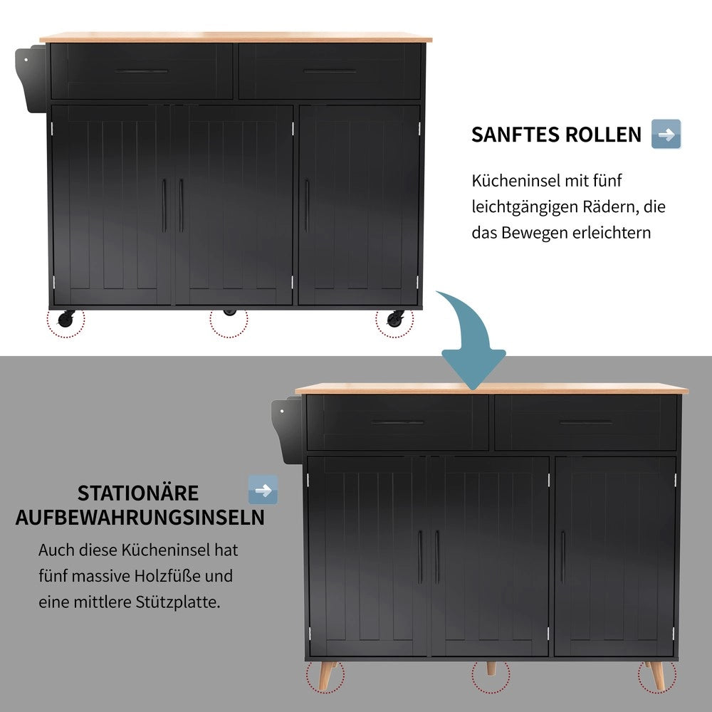 Carrello da Pranzo con Piano Pieghevole ¨C Xylo ¨C Legno Massello, Nero, 129x46x91,5 cm