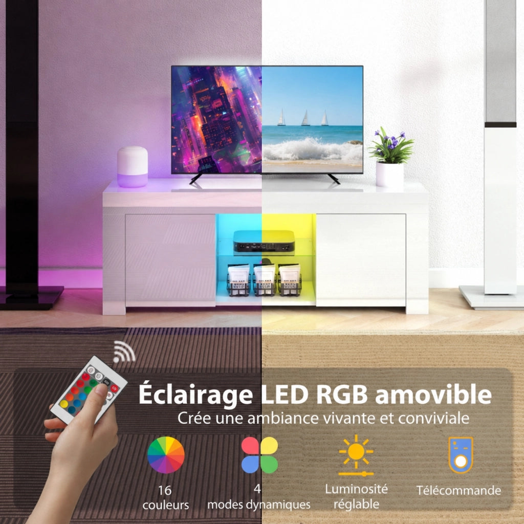 Mobile TV 120x34x45 cm con luci LED RGB; ripiano in vetro; bianco