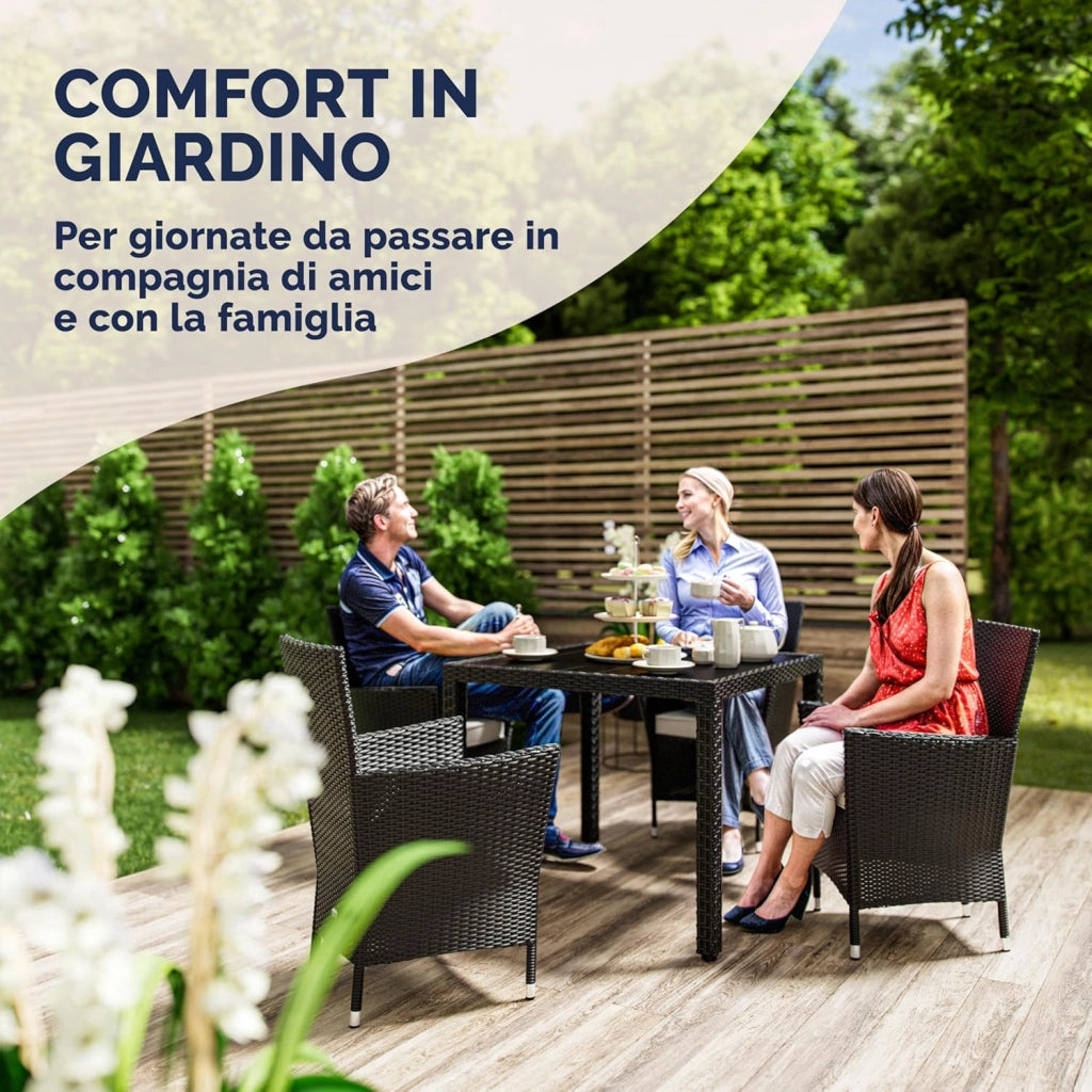 ® Mobili da Giardino in Polyrattan 4 Sedie Impilabili Tavolo 90x90cm in WPC Legno Resistente Terrazzo Balcone Set da Pranzo per Esterno Nero
