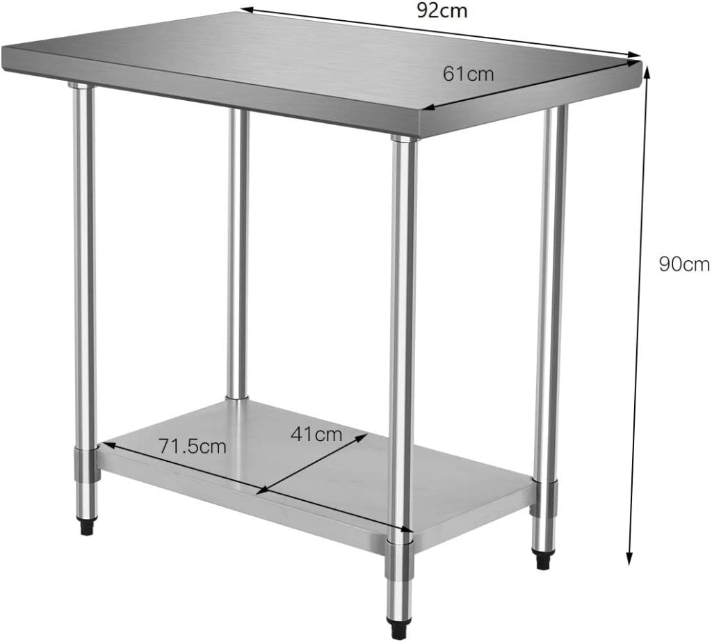 Tavolo da Lavoro per Cucina in Acciaio Inox, Piattaforma con Ripiano Regolabile in Altezza, Piedini Antiscivolo e Regolabili, Piano Cucina Ristorante e Magazzino (92x61x90cm)