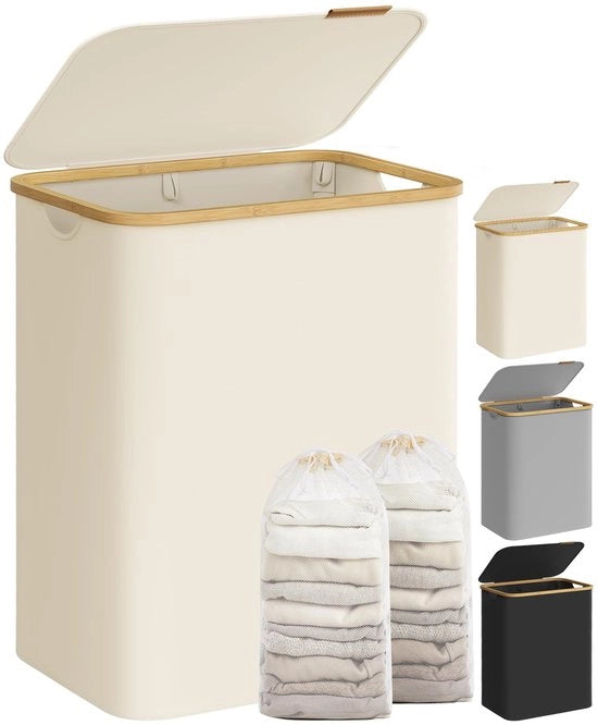 Due cesti in legno con coperchio 130 l - 2-vacui risciacquatore - Ripiegabile - Maniglie in bambù - Tessuto Oxford - 52 x 38,5 x 70,5 cm - Contenitore per lavaggio