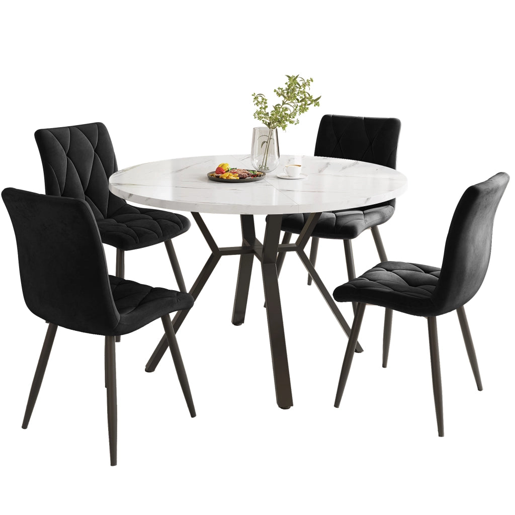 Tavolo da pranzo rotondo per 4 persone con 4 sedie ergonomiche, piano in MDF effetto marmo e base in metallo, nero