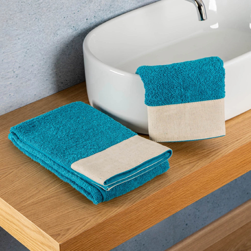 Set Asciugamani Bagno 2 Pezzi con Balza in Lino – Salvietta + Ospite – Morbidi, Super Assorbenti e Delicati sulla Pelle – Certificati OEKO-TEX – Eleganti e Resistenti  Blu Baia
