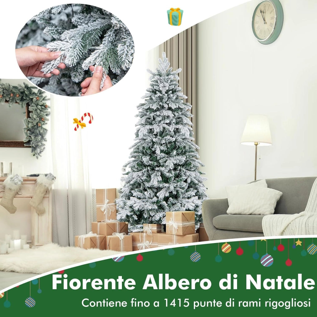 Albero di Natale Innevato 135/180/210 CM, Albero di Natale Artificiale Pre-Illuminato con 120/260/300 Luci LED, 757/1415/1684 Punte e Giunti a Cerniera (180 cm)