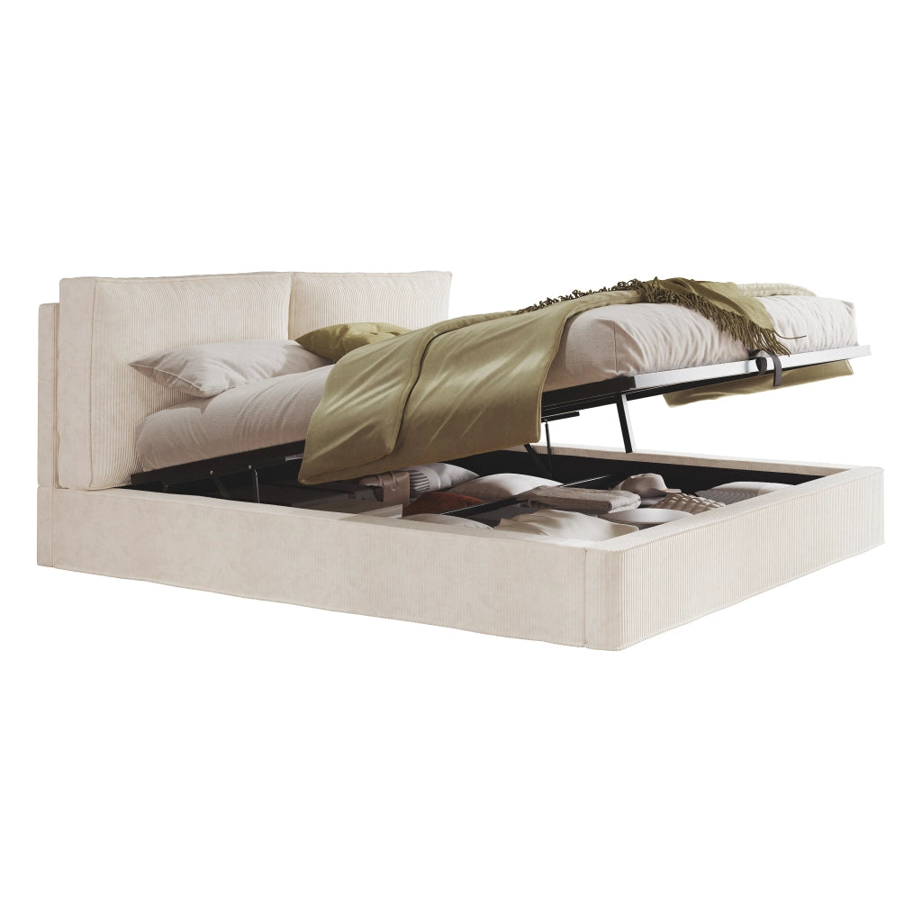 Letto Matrimoniale 180x200 cm con Contenitore; Testiera Imbottita; in Cord Beige