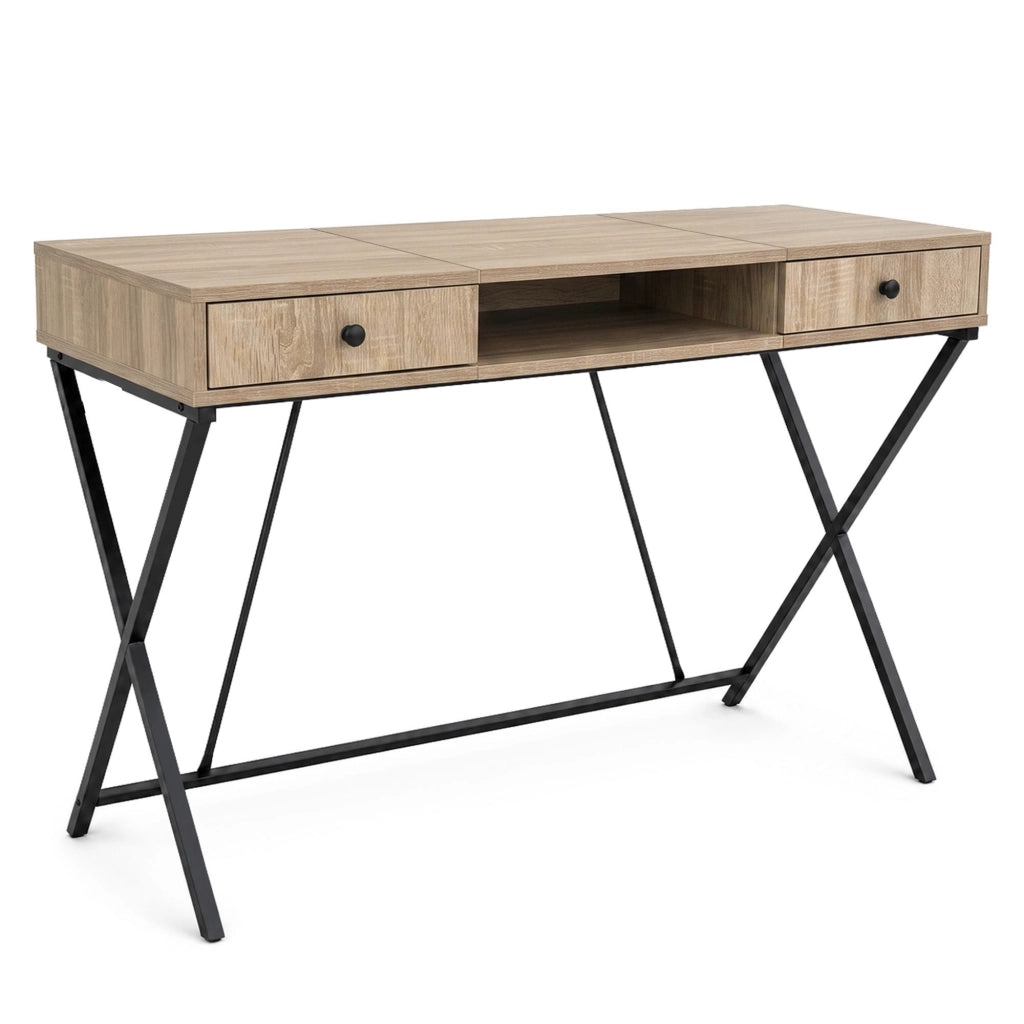 Scrivania PC industriale Rovere Sonoma CROSSLINE 120 cm 2 cassetti 1 ripiano gambe nere