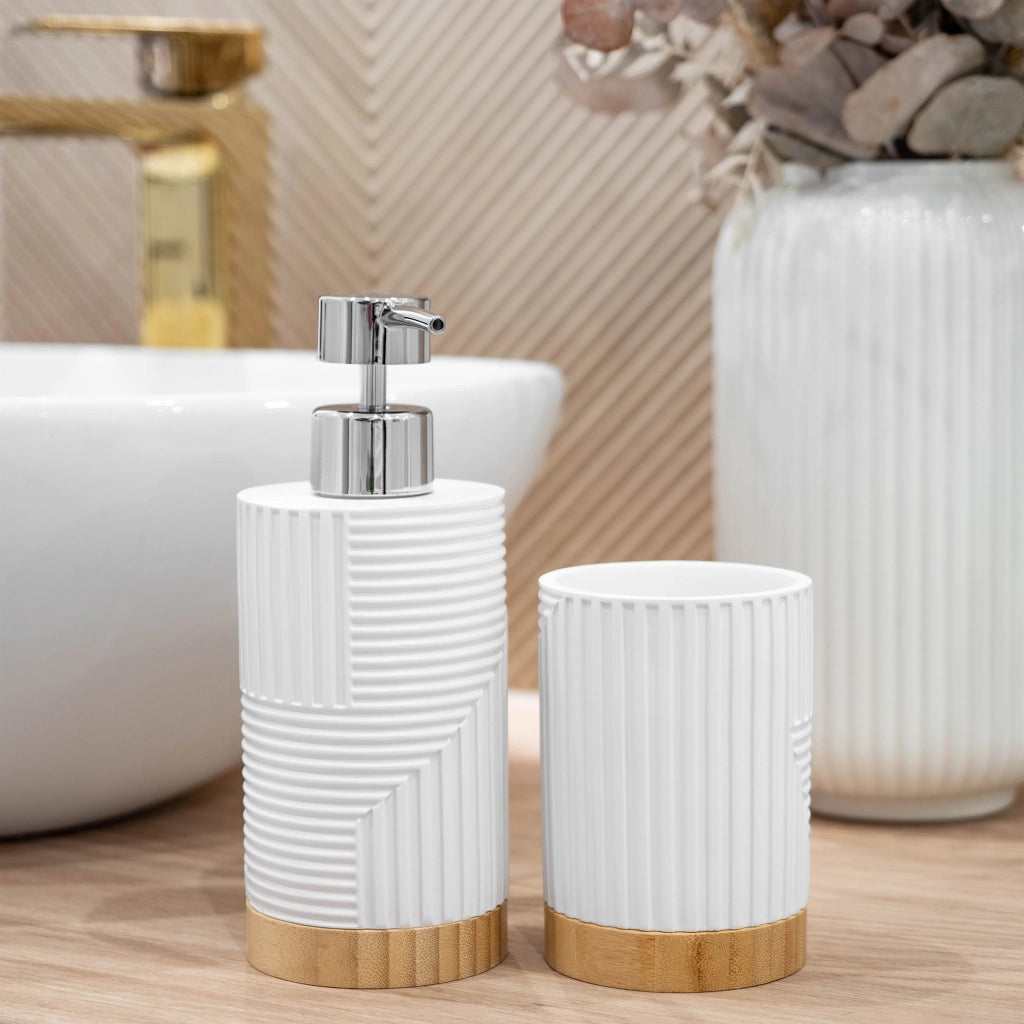 Set da bagno KADAX con dispenser di sapone liquido e bicchiere da bagno, colore bianco.