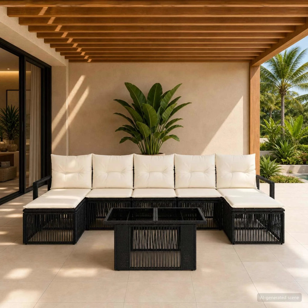 Set Divano da Giardino 8 pz Nero e Bianco Crema polyrattan 3437137