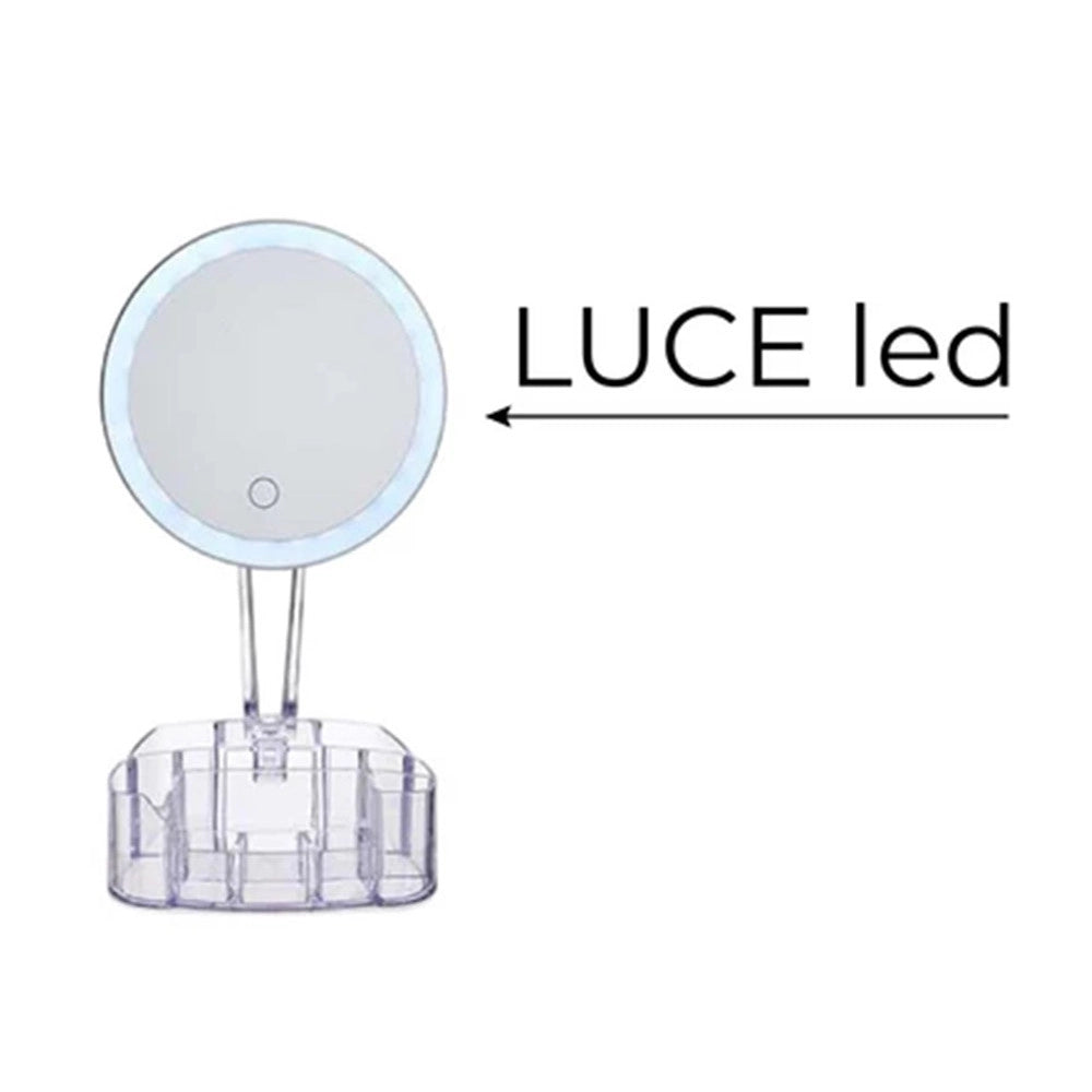 Trade Shop - Specchio Trucco Da Tavolo Con Luce 26 Led Porta Accessori Trasparente Ingrandimento 1x -