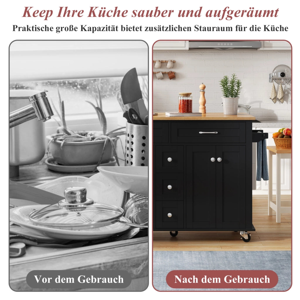 Carrello cucina pieghevole 140x40(65)x89 cm; MDF; nero/naturale; 5 ruote