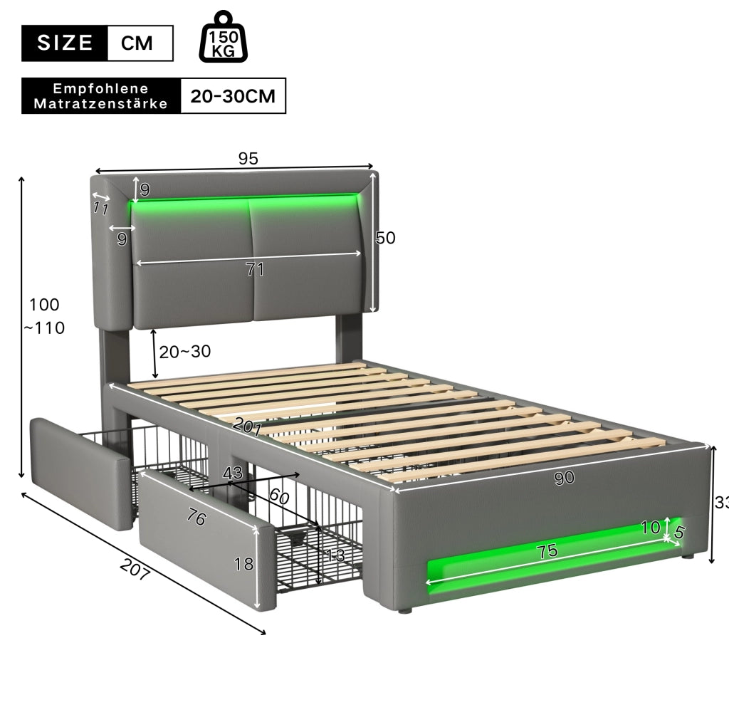 Letto imbottito 90 x 200 cm grigio con LED, USB e 4 cassetti