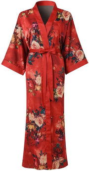 Kimono da Bagno con LED per Donne - Abito da Notte con Fiori e Tasca (Rosso)