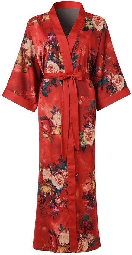 Kimono da Bagno con LED per Donne - Abito da Notte con Fiori e Tasca (Rosso)