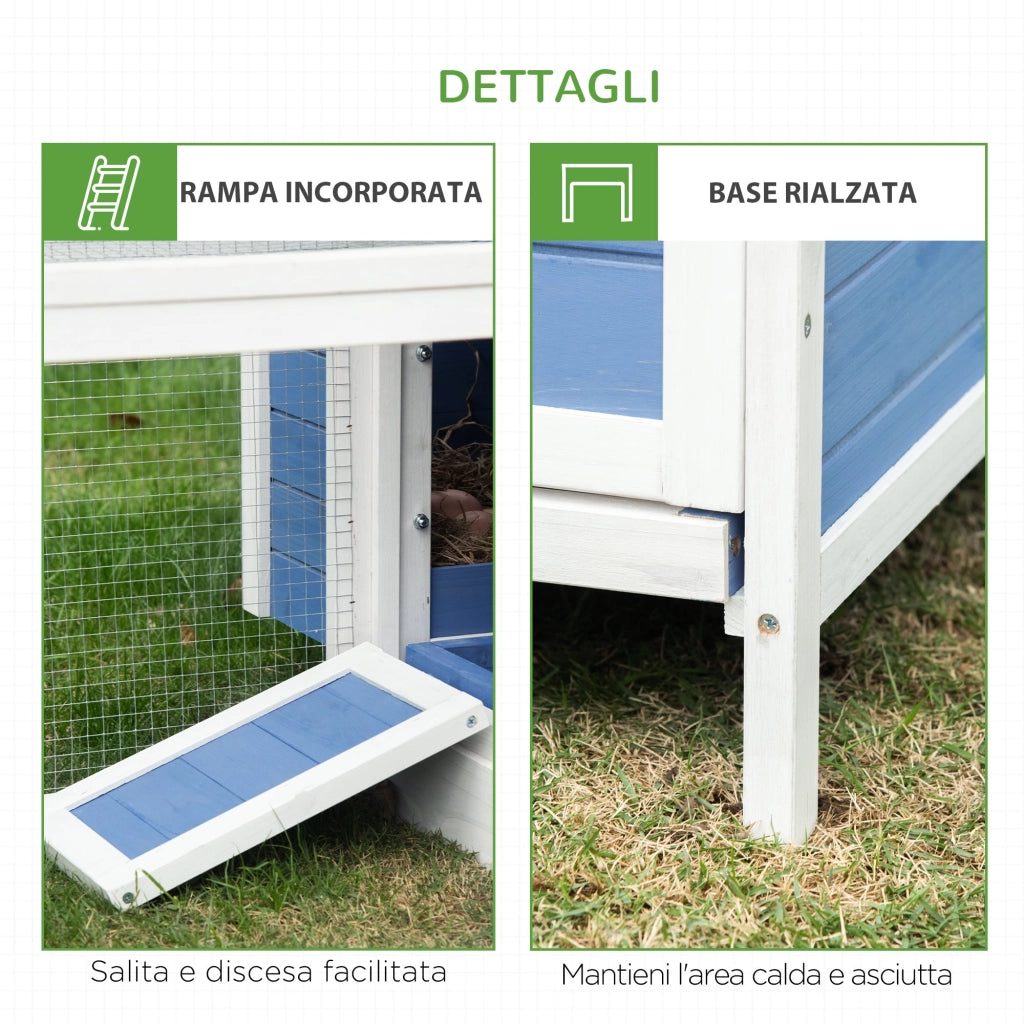 Pollaio per Galline con Corsa Vassoio di Nidificazione Rimovibile in Legno Bianco e Blu 180x90.1x78.6 cm