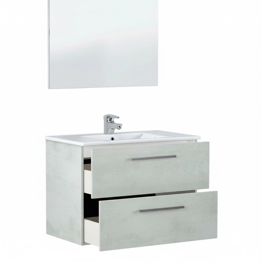 Arredo Bagno Sospeso Mobiletto Due Cassettoni Soft Close Lavandino Lavabo Ceramica Specchio Design Moderno Nordico 57 x 80 x 45 Cm Colore Grigio Cemento
